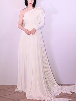 אופנה ויית ' קו שרוול ארוך אחת כתף אישה פורמלי אורחים חתונה ערב שמלות לנשף באורך רצפת טול 2023